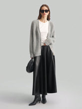 Ontre Women's Black PU Elastic Waist Elegant Office Commute Versatile A-Line Skirt